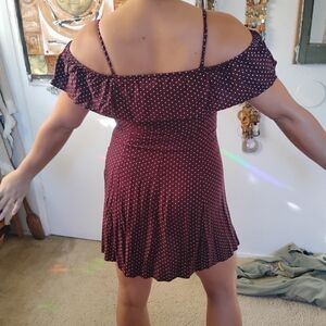 American Eagle Outfitters Burgundy Polka Dot Off-Shoulder Mini Dress
